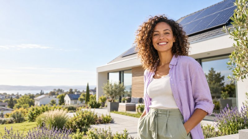 Lächelnde Frau vor einem Haus mit Solardach und Lavendelgarten